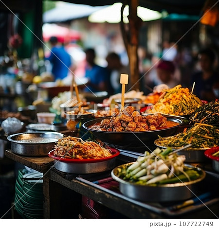 Bustling street food scene in Chiang Mai with vibrant food stalls and local vendors 107722749
