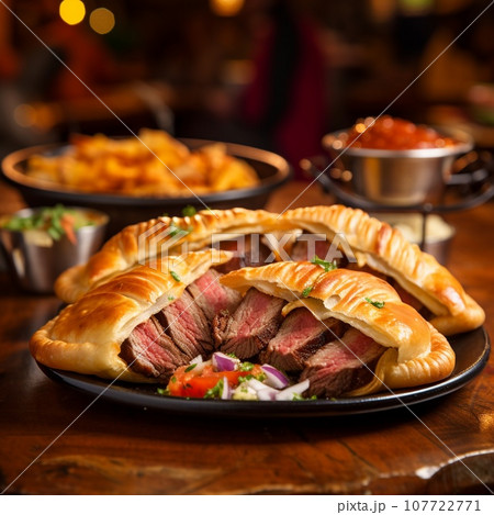 Mouthwatering Close-Up of Sizzling Steak and Vibrant Empanadas on a Grill Mouthwatering Close-Up of Sizzling Steak and Vibrant Empanadas on a Grill 107722771