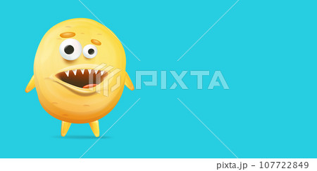 Vector cartoon funny yellow alien monster isolated on blue background. Smiling silly yellow monster print sticker design template. Cute Ghost, troll, gremlin, goblin, devil and halloween monster 107722849