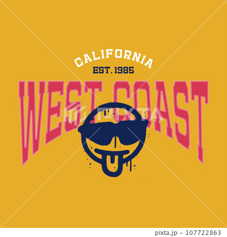 West coast - - humorous typography slogan stylization with graffiti emoji for t shirt printing, tee graphic design. Retro college varsity typography west coast California slogan print for tee. Vector 107722863
