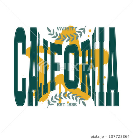 California - retro college font typography slogan print for tee t shirt with branch decoration and star graffiti. 80s vintage Vector design. 107722864