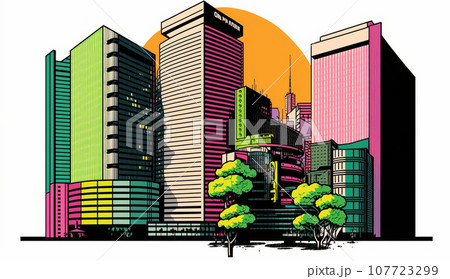 東京のオフィス街の街並みをポップアートで表現