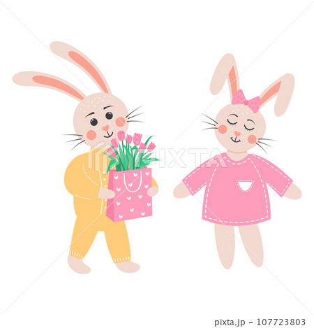 Cute rabbits in love. Bunny boy gives a bag of tulips to a bunny girl. Cartoon forest characters Cute rabbits in love. Bunny boy gives a bag of tulips to a bunny girl. Cartoon forest characters 107723803