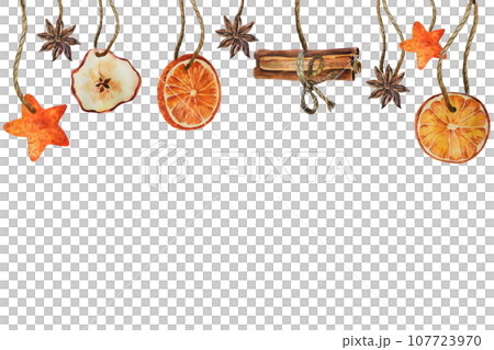 Watercolor Christmas template with dry oranges, sticks almond anise star. Hand painted holiday elements with winter plants isolated on white background 107723970