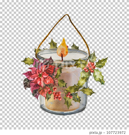 Watercolor illustration with candle in glass bottle and Christmas floral decor. Holiday aesthetic, winter celebration, home decor for wedding, christmas, new year. 107723972