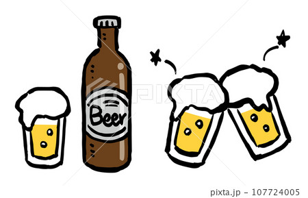 グラスに入ったビールとビール瓶・乾杯のイラスト グラスに入ったビールとビール瓶・乾杯のイラスト 107724005