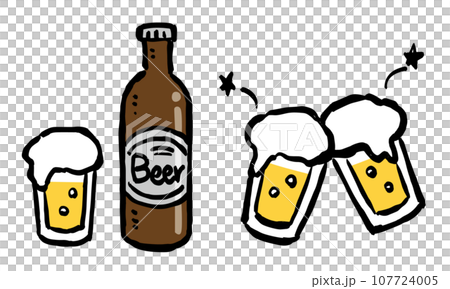 グラスに入ったビールとビール瓶・乾杯のイラスト グラスに入ったビールとビール瓶・乾杯のイラスト 107724005