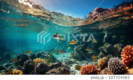 A beautiful underwater scenery full of fish and coral reefs A beautiful underwater scenery full of fish and coral reefs 107724363