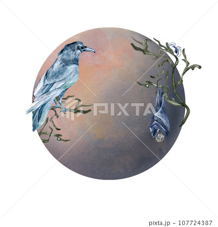Gothic composition with moon, raven, spider watercolor illustration isolated on white. Bat on bare tree, black crow on branch hand drawn. Design element for card, print, Halloween poster Gothic composition with moon, raven, spider watercolor illustration isolated on white. Bat on bare tree, black crow on branch hand drawn. Design element for card, print, Halloween poster 107724387