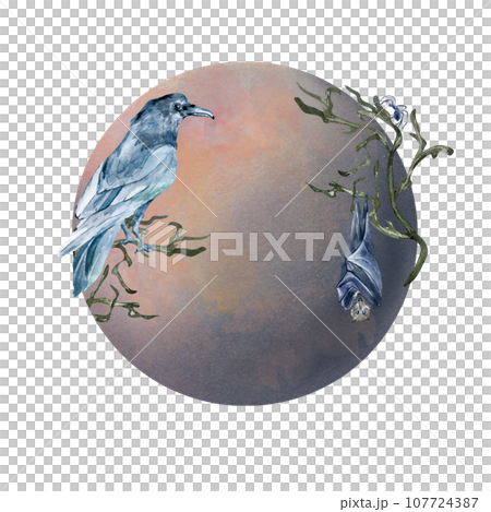 Gothic composition with moon, raven, spider watercolor illustration isolated on white. Bat on bare tree, black crow on branch hand drawn. Design element for card, print, Halloween poster Gothic composition with moon, raven, spider watercolor illustration isolated on white. Bat on bare tree, black crow on branch hand drawn. Design element for card, print, Halloween poster 107724387