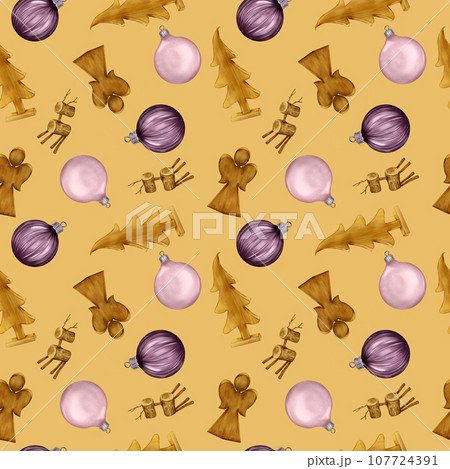 Christmas seamless pattern with wooden toys and Christmas ball digital illustration isolated on beige. Holiday symbol, decoration hand drawn. Element for new year design wrapping, textile, background 107724391