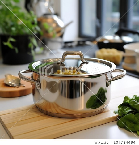 Pot cooking on stove . Modern kitchen interior, Close up. Generative AI Pot cooking on stove . Modern kitchen interior, Close up. Generative AI 107724494