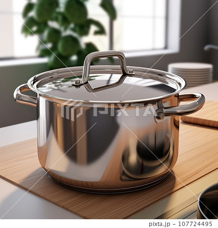 Pot cooking on stove . Modern kitchen interior, Close up. Generative AI Pot cooking on stove . Modern kitchen interior, Close up. Generative AI 107724495