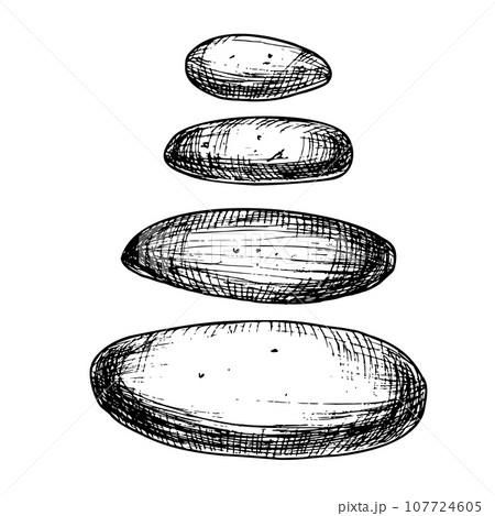 Set of sea Stones of different sizes isolated on a background. Hand drawn vector illustration of underwater pebbles for zen in line art style. Aquarium decoration. Rocks bundle for Spa design. 107724605