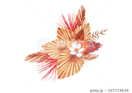 Watercolor realistic composition on autumn theme - bouquet of leaves. Hand-drawn illustration isolated on white background. Perfect for menu cafe, template natural food, cooking, packing food, card 107724636