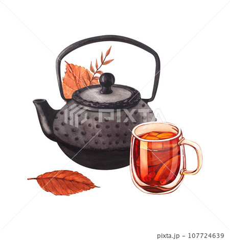 Brewed black tea in glass cup and teapot with autumn leaves. Watercolor hand-drawn illustration isolated on white background. Perfect for menu, cooking, packing, card Brewed black tea in glass cup and teapot with autumn leaves. Watercolor hand-drawn illustration isolated on white background. Perfect for menu, cooking, packing, card 107724639