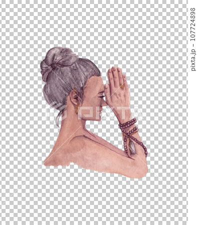 Profile of a girl with her palms folded on the bridge of her nose in Indian namaste. Isolated watercolor illustration Profile of a girl with her palms folded on the bridge of her nose in Indian namaste. Isolated watercolor illustration 107724898