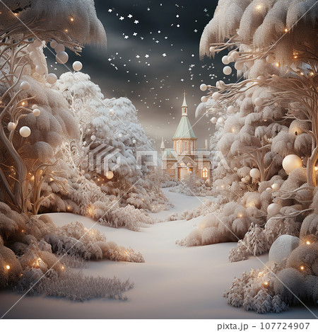 Beautiful Christmas background, nature concept, Christmas trees covered with snow, bright illumination, beautiful winter holiday landscape, New Year's fairy tale 107724907