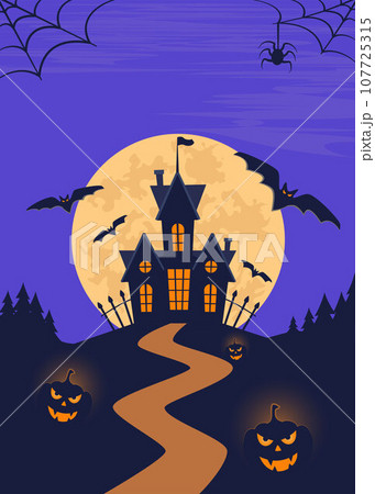 Halloween poster, scary party invitation flyer, banner. Dark castle, moon, bats, graves, tombstones, crosses, tree, owl, pumpkins. Halloween night vector illustration. Halloween poster, scary party invitation flyer, banner. Dark castle, moon, bats, graves, tombstones, crosses, tree, owl, pumpkins. Halloween night vector illustration. 107725315