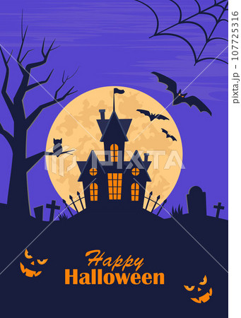 Halloween poster, scary party invitation flyer, banner. Dark castle, moon, bats, graves, tombstones, crosses, tree, owl, pumpkins. Halloween night vector illustration. 107725316