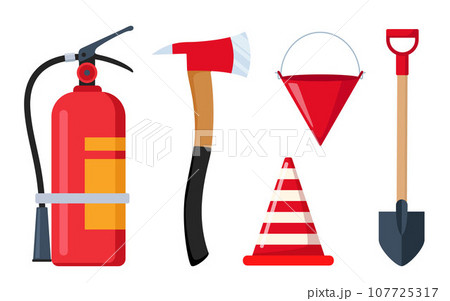 Firefighter emergency equipment set. Axe, hose, hydrant, extinguisher, safety traffic cone, spade fireman tools. Portable firefighter equipment for protection from flame spread. Vector illustration. 107725317
