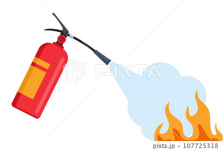 Fire extinguishing. Autonomous red fire extinguisher foam spills onto fire. Safety concept, protective warning. Vector 107725318