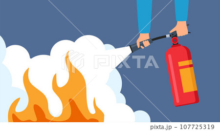 Fire extinguishing. Hands holding autonomous red fire extinguisher foam spills onto fire. Safety concept, protective warning. Vector Fire extinguishing. Hands holding autonomous red fire extinguisher foam spills onto fire. Safety concept, protective warning. Vector 107725319