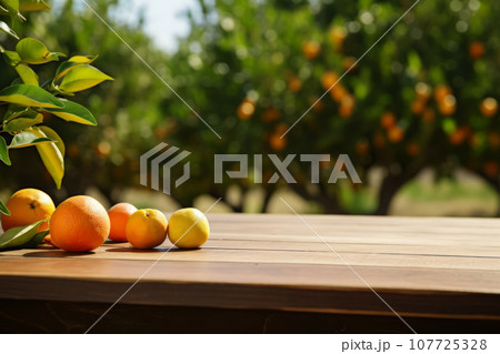 Fresh oranges. Empty wood table with free space over orange trees. Generative AI 107725328