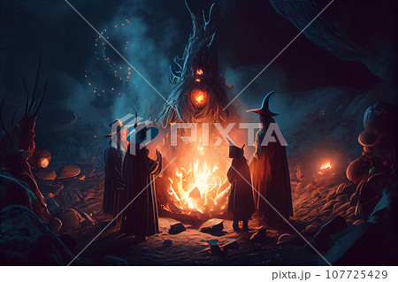 People at spiritual gathering of shamanic sacred ritual healing energy in forest at night People at spiritual gathering of shamanic sacred ritual healing energy in forest at night 107725429