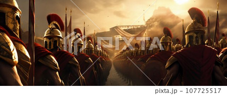 Legion of Spartan Warriors in Battle. Generative ai Legion of Spartan Warriors in Battle. Generative ai 107725517