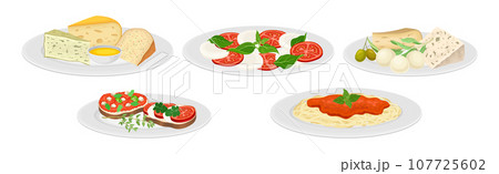 Italian Food and Traditional Dishes Served Vector Set Italian Food and Traditional Dishes Served Vector Set 107725602