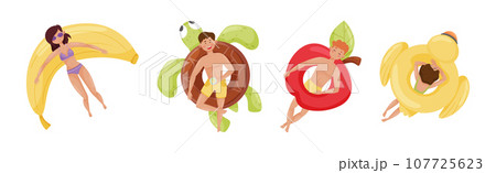 People Characters Floating on Air Mattress or Rubber Rings in Swimming Pool Vector Set People Characters Floating on Air Mattress or Rubber Rings in Swimming Pool Vector Set 107725623