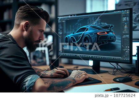 Professional Automotive Graphic Designer is Working on Concept Car Render with a Stylus Pen in a High Tech Innovative Laboratory with a Prototype Car Chassis. Professional Automotive Graphic Designer is Working on Concept Car Render with a Stylus Pen in a High Tech Innovative Laboratory with a Prototype Car Chassis. 107725624