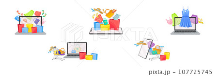 Online Shopping and Purchase with Laptop and Smartphone Screen Vector Set Online Shopping and Purchase with Laptop and Smartphone Screen Vector Set 107725745