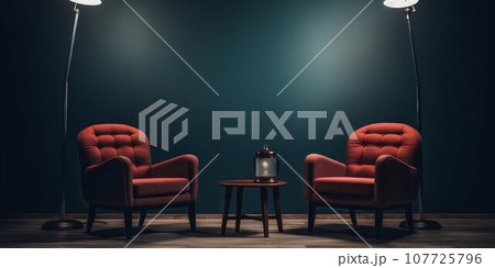 Podcast Room with Chairs and Spotlights. Generative ai Podcast Room with Chairs and Spotlights. Generative ai 107725796