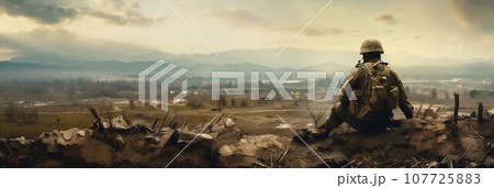 Soldier Overlooking Battle Aftermath. Generative ai 107725883