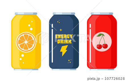 Soft drink cans set. Soda drink in aluminum can. Cherry, orange, energy drink. Vector illustration. 107726028