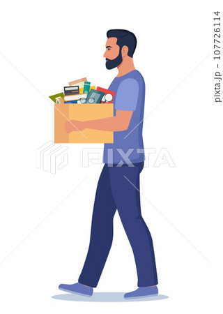Dismissal, employee replacement. Unhappy man dismissed from job, leave office with stuff in box. Unemployment dismissal of workers. Layoff, crisis. Vector illustration. Dismissal, employee replacement. Unhappy man dismissed from job, leave office with stuff in box. Unemployment dismissal of workers. Layoff, crisis. Vector illustration. 107726114