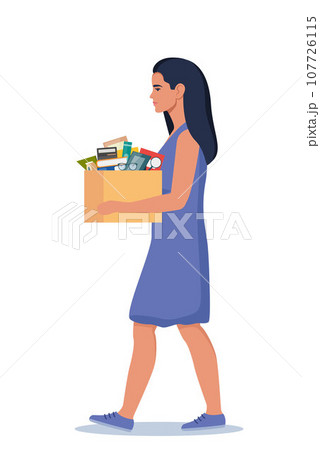 Dismissal, employee replacement. Unhappy woman dismissed from job, leave office with stuff in box. Unemployment dismissal of workers. Layoff, crisis. Vector illustration. 107726115