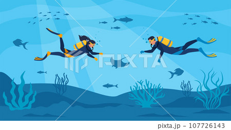 Divers with diving equipment swim in the sea. Seascape banner with people underwater. Characters wearing wetsuit with oxygen tanks and fins. Underwater world. Vector illustration. Divers with diving equipment swim in the sea. Seascape banner with people underwater. Characters wearing wetsuit with oxygen tanks and fins. Underwater world. Vector illustration. 107726143