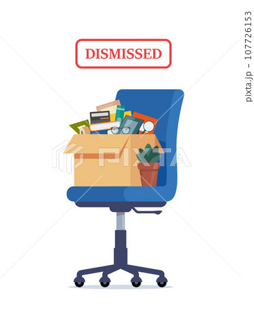 Business chair with box with office things. Dismissed. Fired from job. Vector illustration. Business chair with box with office things. Dismissed. Fired from job. Vector illustration. 107726153