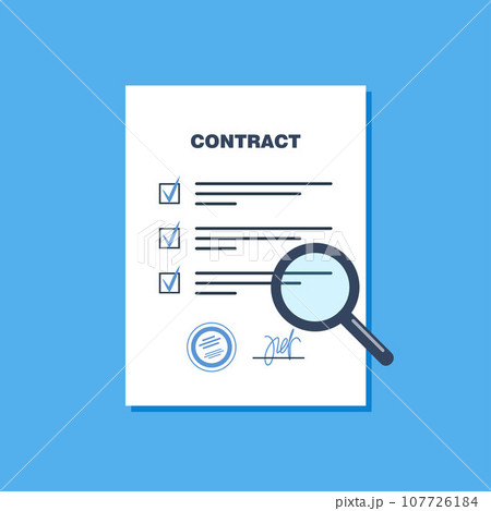 Document analysis or audit. Contract review concept. Magnifying glass, contract page with text. Symbol of information search. Vector illustration. Document analysis or audit. Contract review concept. Magnifying glass, contract page with text. Symbol of information search. Vector illustration. 107726184