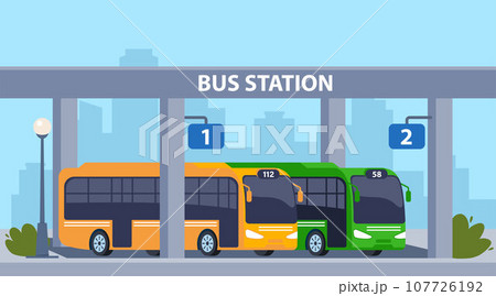 Central bus station. Vector cartoon cityscape with modern city transportation building, buses and platform. Vector illustration. 107726192