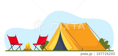 Orange tent, campfire and chairs. Banner, poster for Climbing, hiking, trakking sport, adventure tourism, travel, backpacking. Vector illustration. 107726205