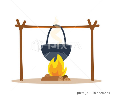 Pot over the campfire. Camping, outdoor cooking. Vector illustration. 107726274