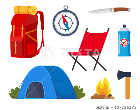 Camping and hiking equipment set. Big collection of elements or icons for Sports, adventures in nature, recreation and tourism concept design. Vector illustration. 107726275