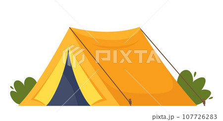 Yellow travel tent for summer camp adventure. Outdoor equipment for sport and tourist activities. Vector illustration. 107726283