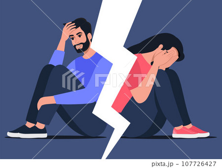 Man and woman sitting with their backs to each other. Concept of divorce, misunderstanding, disagreement, relationship troubles. Man and woman in a quarrel, conflict. Vector. Man and woman sitting with their backs to each other. Concept of divorce, misunderstanding, disagreement, relationship troubles. Man and woman in a quarrel, conflict. Vector. 107726427