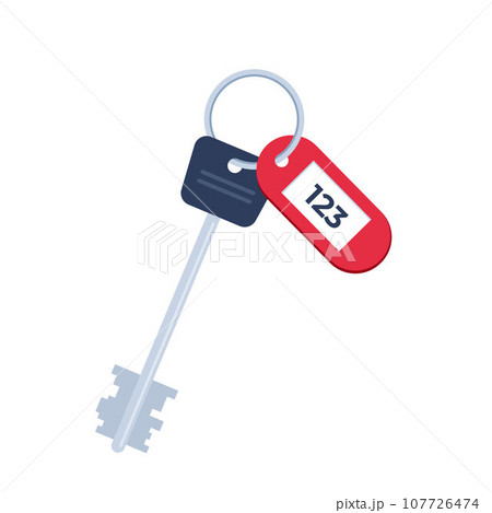 Modern hotel door lock key with room number badge. Vector illustration in flat design. 107726474