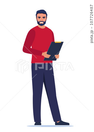 Young character with clipboard standing isolated on white background. Man introduce, show and present something. Business speaker standing with clipboard. Male presenter. Vector illustration. 107726487